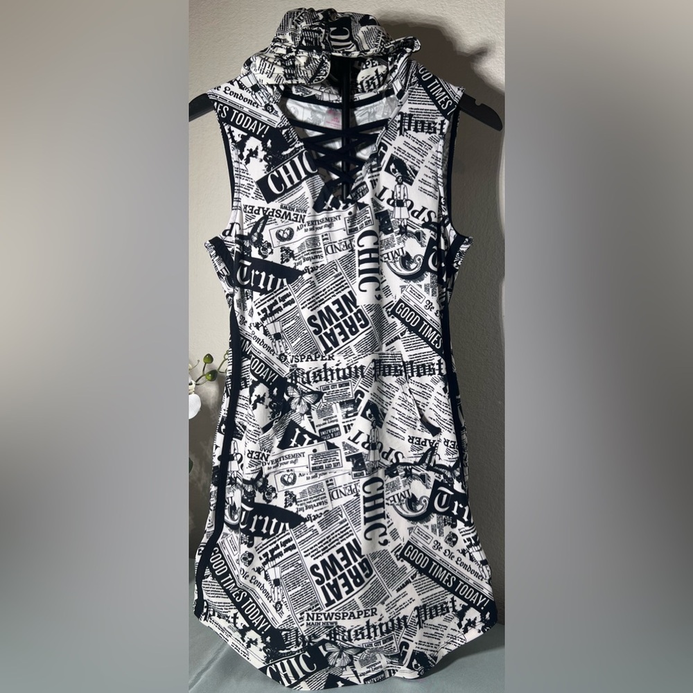 No Boundaries Juniors newspaper print hoodie Dress Lace-up from black white.